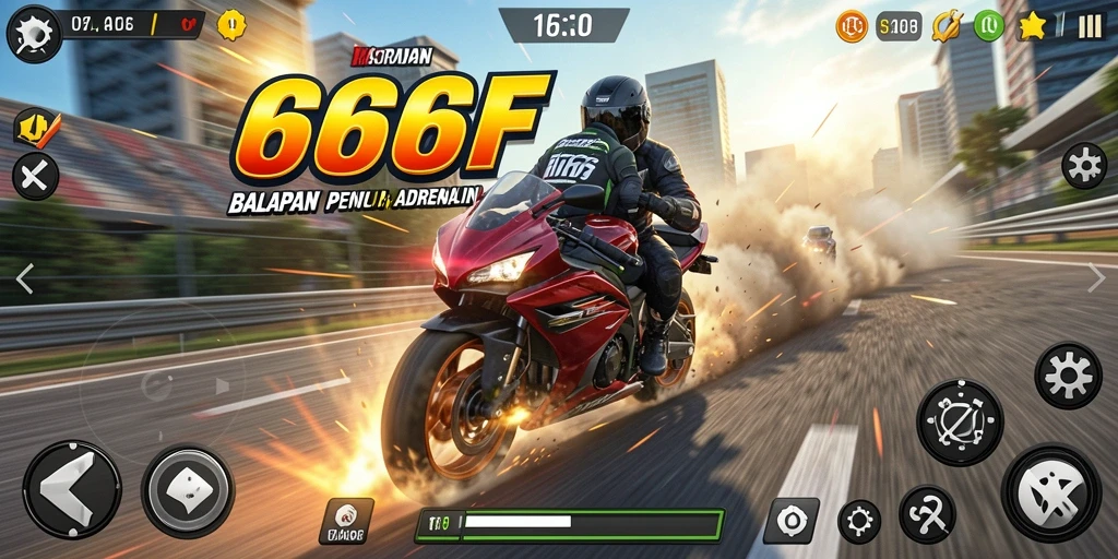 Gameplay seru balapan motor dalam 666F yang mendebarkan.