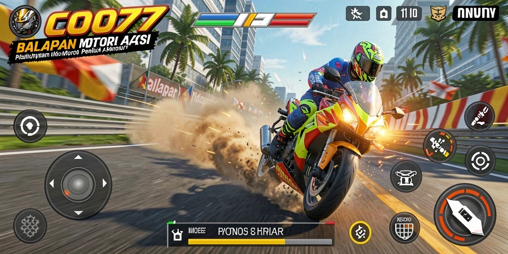 Screenshot menunjukkan aksi balapan motor yang mendebarkan di COO77.