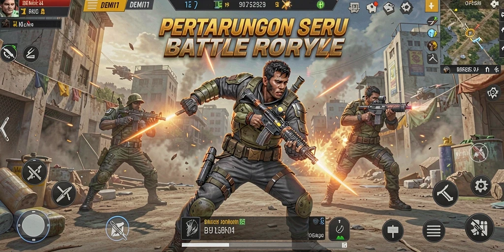 Tangkapan layar menampilkan aksi seru dalam permainan Battle Royale.
