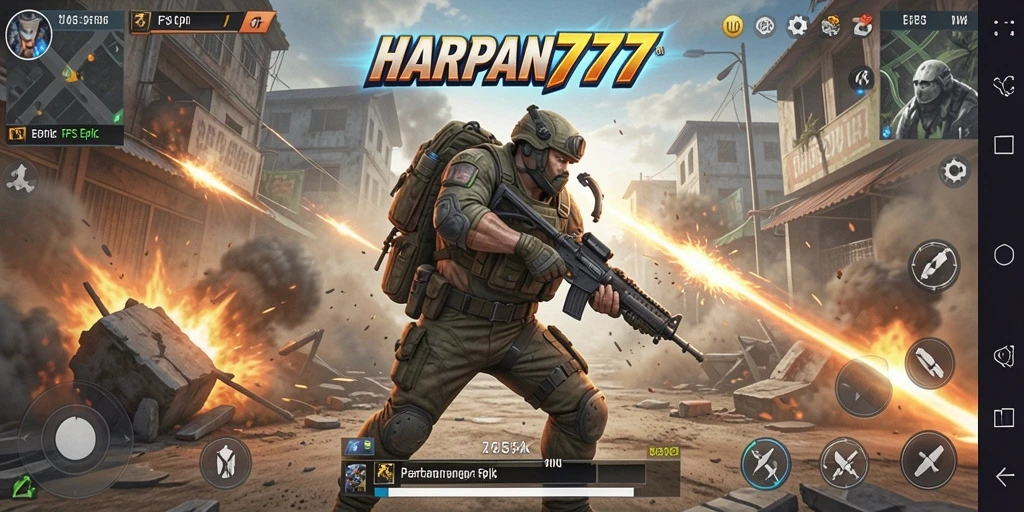 Screenshot gameplay HARAPAN777 menampilkan aksi tembak-menembak yang intens di lingkungan yang dinamis.