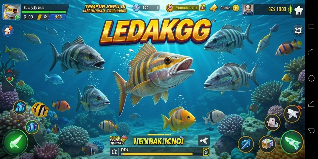 Tangkapan layar menampilkan aksi seru di LEDAKGG saat menembak ikan.