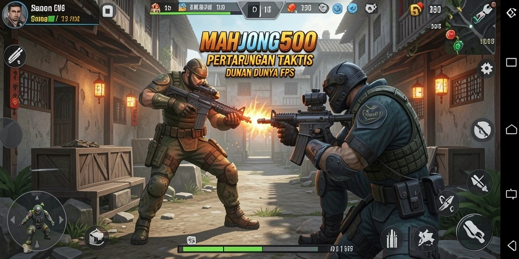 Screenshot gameplay dari MAHJONG500 menampilkan aksi medan perang yang mendebarkan.