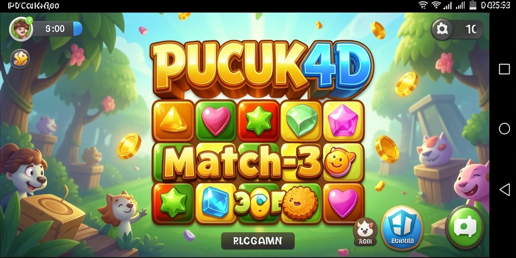 Tangkapan layar gameplay PUCUK4D menampilkan pengalaman Match-3 yang seru dan penuh warna.