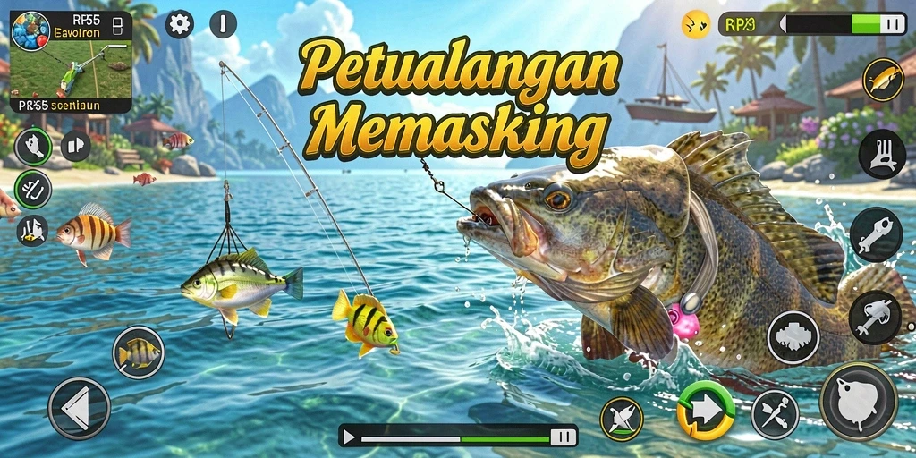 Screenshot menunjukkan pemain yang sedang asyik memancing dengan latar belakang pemandangan indah.